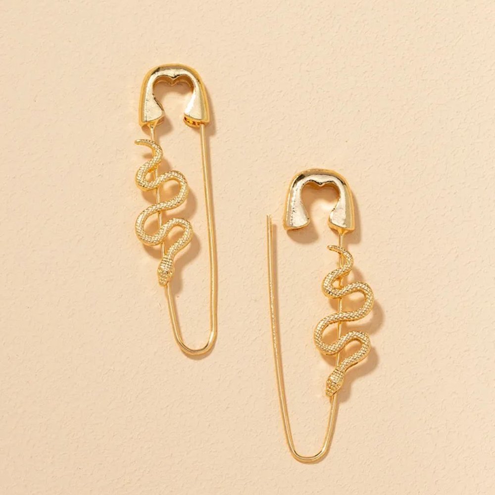 Gold Snake Safety Pin Earrings NEW - Picture 3 of 5